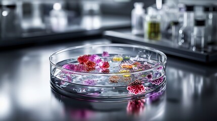 Colorful microbial cultures displayed in a petri dish inside a laboratory environment high-definition photography