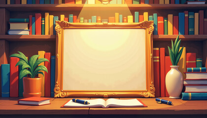 Cozy desk setup with a blank frame and open book in a library  