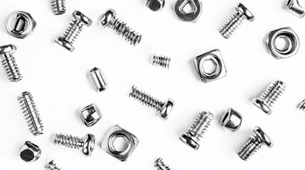Obraz premium Various sizes of nuts and bolts presented on a white surface.