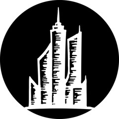Stylized depiction of a modern city skyline within a stark black circle background