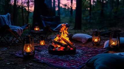 Camping bonfire gathering forest outdoor activity evening cozy atmosphere friendship and warmth