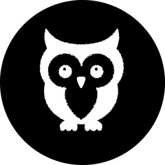 Stylized owl illustration set against a stark circular background for branding