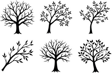 Stylized Branch and Tree Silhouette Vector Bundle Featuring 6 Elegant Designs with Bare Branches and Leaves for Nature-Inspired Crafts, Logo Designs, Wall Art, and Eco-Themed Projects