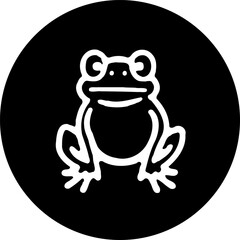 Minimalist amphibian glyph presenting stylized frog illustration in monochrome circle