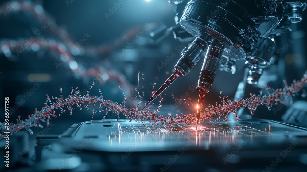 Poster genetic engineering breakthroughs laboratory setting technology insights futuristic environment clos