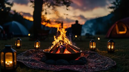 Cozy evening campfire gathering a tranquil outdoor scene for adventure seekers