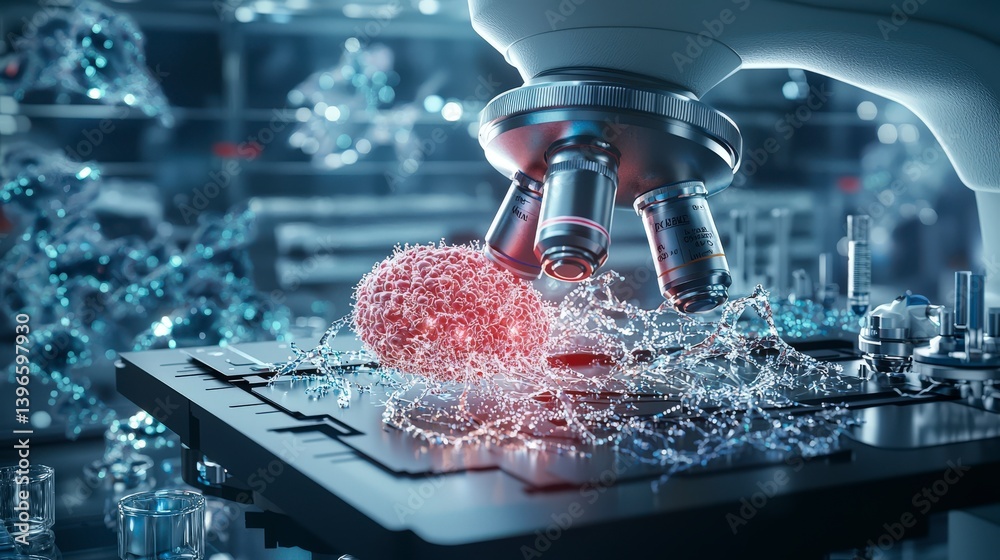 Poster laboratory microscopic analysis of human cells close-up view of cellular biology in a sterile settin