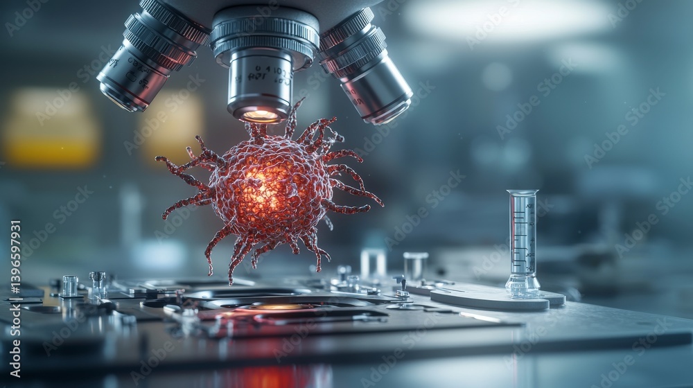 Poster microscopic examination of human cell structures in a high-tech cellular biology laboratory environm