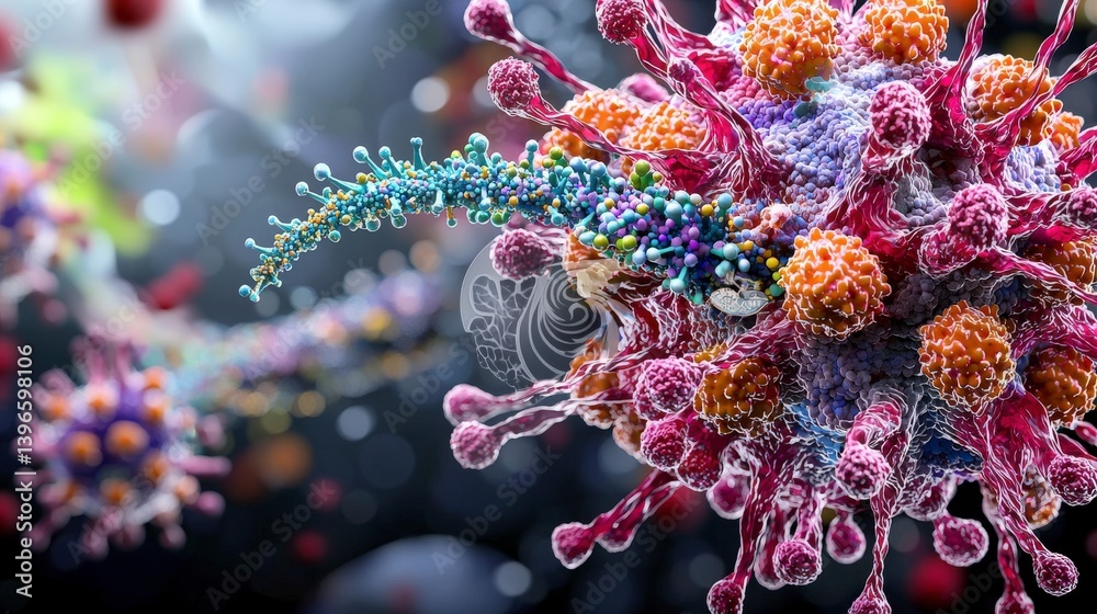 Poster dynamic virus model visualization in a microbial laboratory educational scientific illustration clos