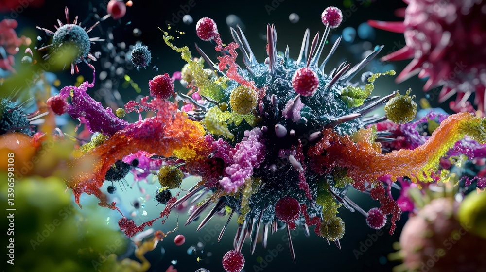 Aufkleber Dynamic virus model representation laboratory 3d render colorful environment close-up view scientific exploration