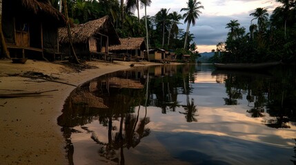 Fototapeta premium Tranquil sunset reflection remote village nature photography serene water wide angle peaceful atmosphere