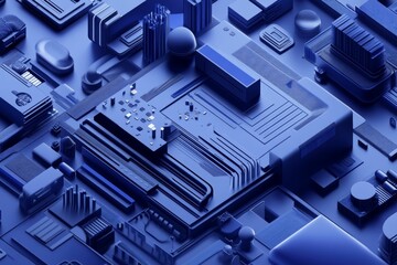 Abstract close-up of a blue circuit board with complex components and patterns.