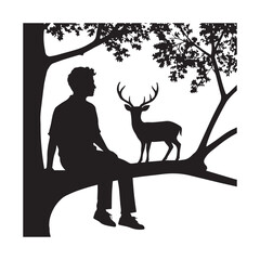 Vector silhouette of a man sitting on a tree branch looking peaceful with a cute deer  white Background.