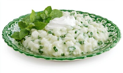 Creamy mashed potatoes with chives and sour cream, garnished with mint, on a decorative plate; perfect for recipe blogs or cookbooks