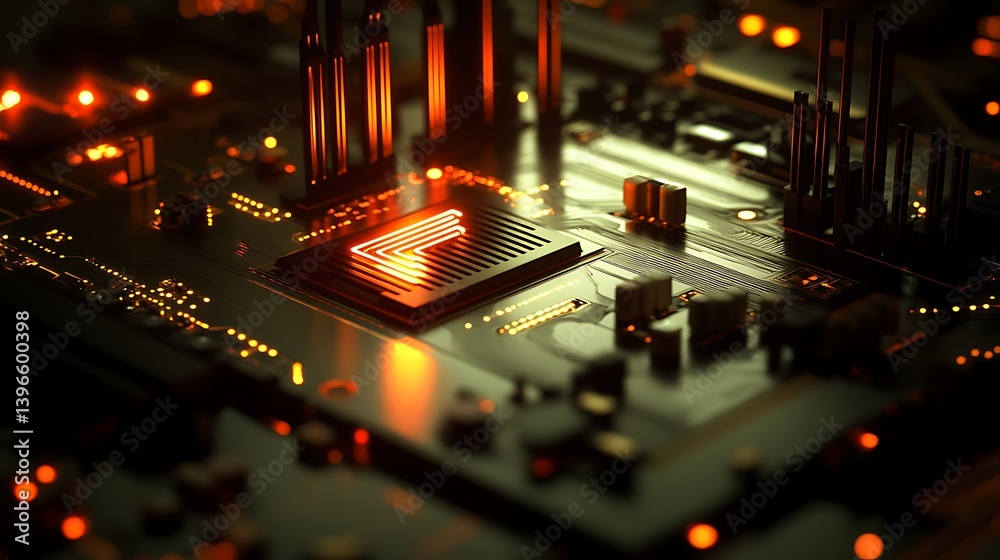 Aufkleber close-up view of a glowing microprocessor on a circuit board with intricate details and lighting eff