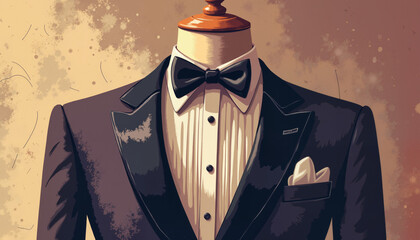 Elegant tuxedo displayed on a mannequin with a neutral background  