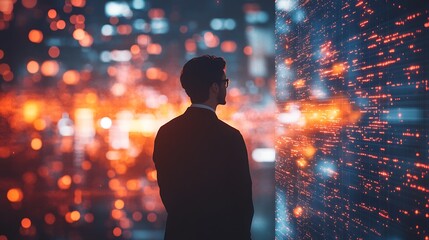 Corporate strategist inside a virtual space surrounded by dynamic neural network visuals representing data flow, pulsing with light, with faint business charts embedded in nodes.