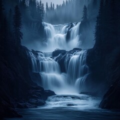 Fototapeta premium A serene waterfall cascades majestically through a misty forest at dusk, creating a tranquil, enchanting scene that embodies the beauty and mystery of nature.