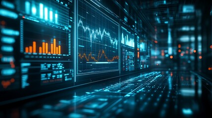 High-tech AI terminal projecting forecast accuracy metrics, long-term stock projections, and trend convergence indicators, glowing in white and cyan against a dark financial room.