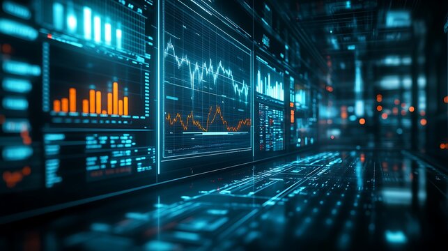 High-tech AI terminal projecting forecast accuracy metrics, long-term stock projections, and trend convergence indicators, glowing in white and cyan against a dark financial room.