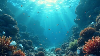 Obraz premium Underwater view of plastic bags and bottles drifting near coral reefs, illustrating ocean plastic pollution and its danger to marine biodiversity. 