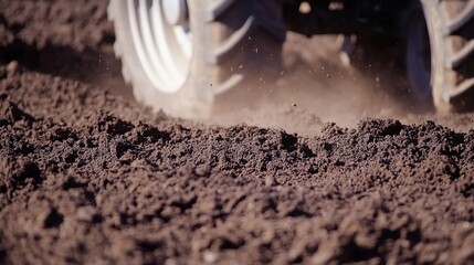 Tractor Tire Tread Grinding Through Rich Soil Preparing the Ground for Planting