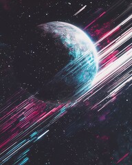 Vibrant cosmic landscape featuring a planet amidst colorful streaks of motion, depicting the vastness of space and time.