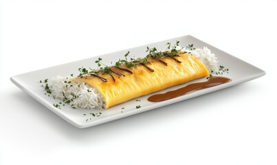 Delicious omelet rice dish, garnished with herbs, served on a white plate, studio shot, food photography