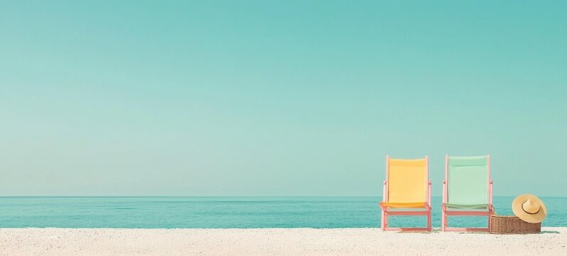 Two pastel beach chairs and picnic baskets rest on a sandy shore beside calm turquoise waters under a clear sky, evoking relaxation, summer leisure, and peaceful coastal retreat vibes. - Powered by Adobe
