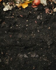 Obraz premium A close-up of rich, dark soil mixed with colorful organic debris, showcasing the beauty of nature's composting process.