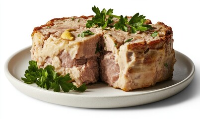 Delicious sliced terrine on plate, garnished with parsley.  Food photography for cookbook, recipe websites, or blogs