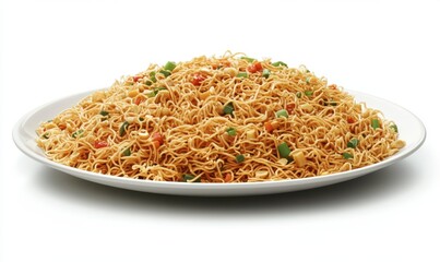 Delicious stir-fried noodles on a plate, isolated on white background, perfect for food blogs and recipe websites