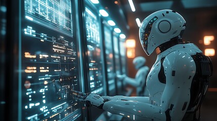 Fototapeta premium Robotic arms processing employee requests via automated terminals, with real-time decision trees glowing on glass AI panels in a minimalist corporate setting.