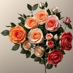 Naklejka premium Lush peach roses and textured eucalyptus create a classic, romantic bouquet. Generative AI 