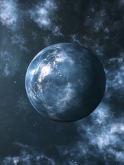 A stunning depiction of a distant planet set against a backdrop of swirling cosmic clouds, inspiring thoughts of extraterrestrial life.