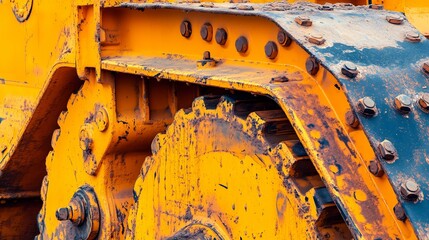 Close-up of a rugged yellow machinery part, showcasing wear and tear, highlighting the power and resilience in industrial environments.