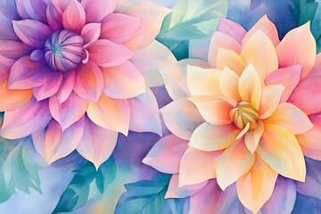 Fototapeta premium A vibrant watercolor painting of dahlia blossoms in pastel hues.