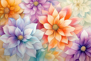A vibrant floral display of colorful dahlias in a watercolor style. © Muhammad