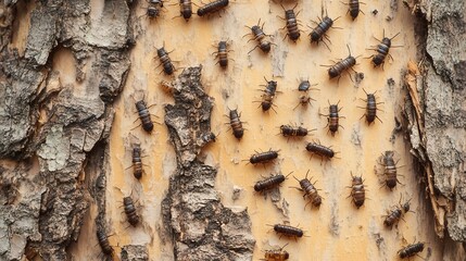 Close-up of various insects on tree bark, showcasing the intricate details of nature and the ecosystem.