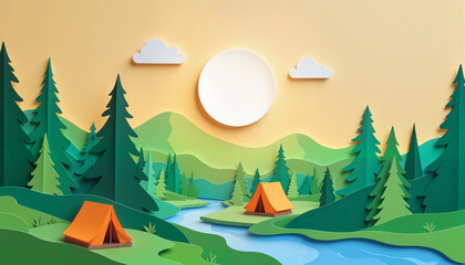 Scenic Camping Landscape with Tents and River in Paper Art Style  
