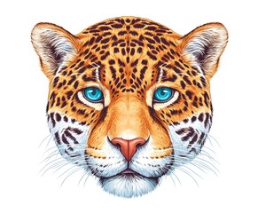 Obraz premium Detailed illustration of a jaguar's head, showcasing its vibrant coat and piercing blue eyes against a white background
