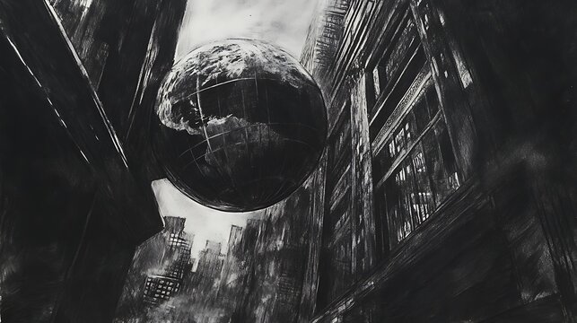 Surreal urban landscape featuring a floating globe amidst towering buildings, evoking a sense of wonder