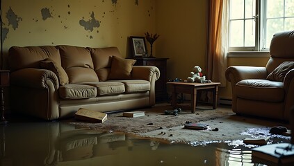 Flooded living room with floating furniture and visible water damage, symbolizing home insurance, emergency repair, and property protection.
