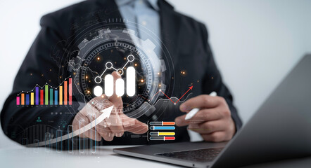High-tech analytics interface displaying business performance graphs and financial dashboards, illustrating future forecasting, business insights and strategic planning