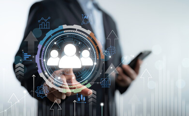 Futuristic interface with digital icons and user profile concept in business environment. Targeting, audience engagement and corporate strategy