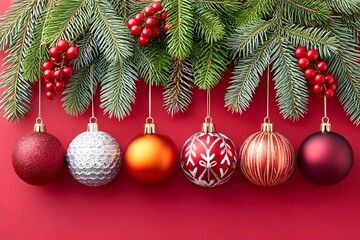Naklejka premium Festive red background with hanging ornaments and evergreen branches