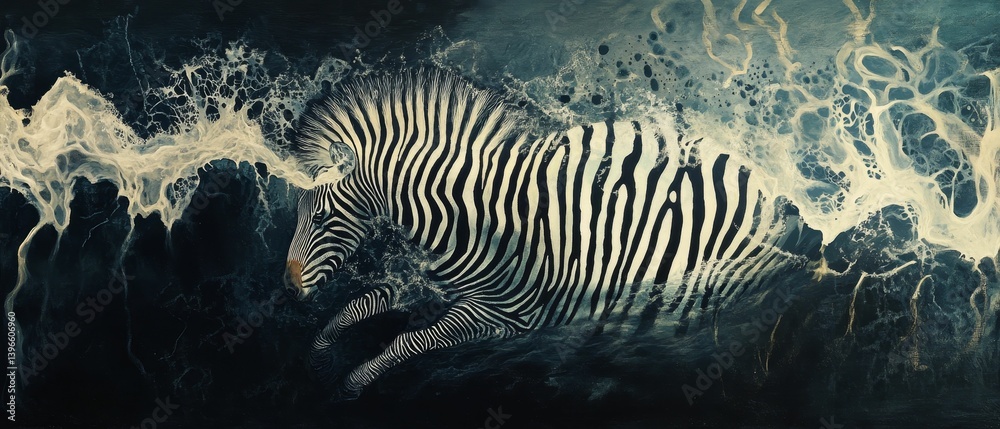 Wall mural zebra running with abstract smoke effect in dark background artistic representation.