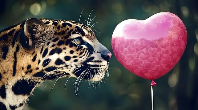 Cute Animal with Heart Balloon Surrounded by Lovely Flowers