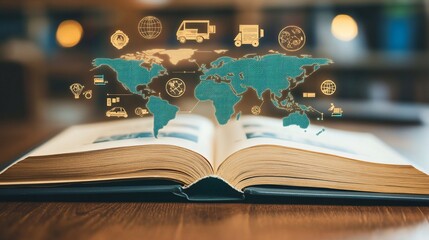 Open book displaying global logistics network and worldwide transport options