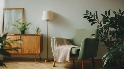Serene interior with a vintage wooden cabinet, green armchair, and lush houseplants creating a calming, natural aesthetic